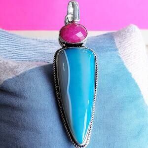 Pink Sapphire & Blue Chalcedony Pendant, Sterling Silver Boho Necklace